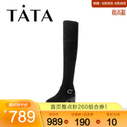 Tata/他她冬专柜同款牛皮革时尚过膝靴粗跟女长靴FC090DC9 黑色羊皮革(单里) 36