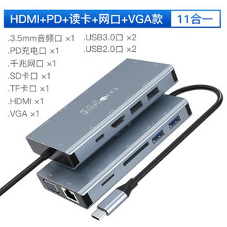 秋叶原(CHOSEAL)Type-C扩展坞 USB-C转HDMI/VGA 十一合一 QHB111DG