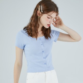 拉夏贝尔旗下女式T恤夏季新款气质轻熟修身圆领短袖短款体恤上衣 S 蓝色