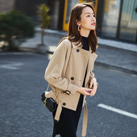 春装 女士法式纯色利落翻领复古双排扣宽松上衣短款风衣外套 XL 卡其色(收藏品牌，及时获取活动提示)