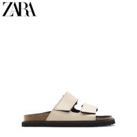 ZARA 新款 女鞋 淡米黄色双带饰平底牛皮革凉鞋拖鞋 12618610002