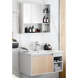VAMA 实木浴室柜组合 80CM-木纹色浴室柜（含龙头下套装）