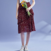 La Chapelle拉夏贝尔旗下女式半身裙夏季新款显瘦甜美碎花雪纺A字裙半截裙子 M 酒红