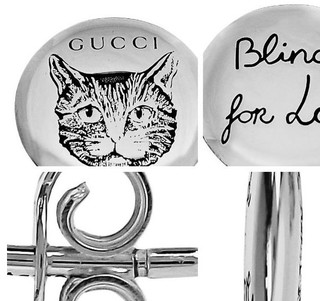 GUCCI 古驰 Blind for Love系列 499929-J8400/0701 女士银质猫猫图案圆形耳钉 银色