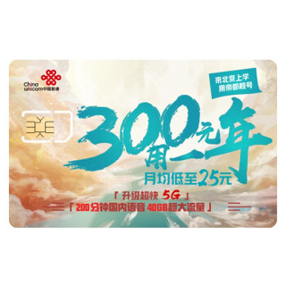 中国联通 校园卡300包一年（每月40G流量+200分钟通话）