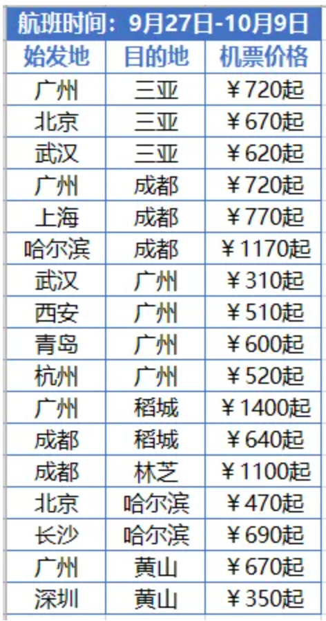 南方航空 国庆机票特价