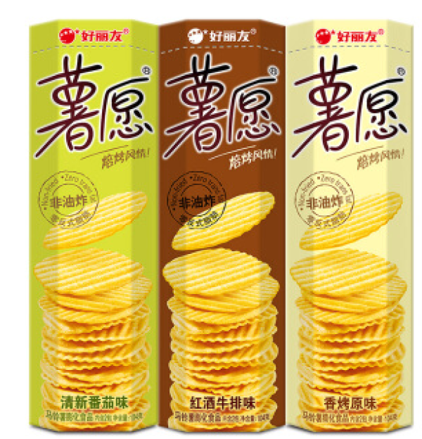 orion好丽友薯愿薯片组合装3口味312g清新番茄味104g红酒牛排味104g