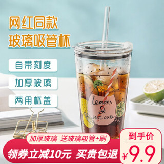 忆壶茶 加厚玻璃吸管杯带刻度 玻璃杯果汁杯宝宝牛奶杯儿童水杯 【清凉夏日】吸管杯(含杯盖+玻璃吸管+吸管刷)