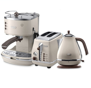 Delonghi 德龙 Icona Vintage系列 EC0311咖啡机1.4L+KB02001电水壶1.7L+CT02003多士炉 奶白色