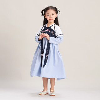 2021中大儿童装春季新款古装表演服复古汉服女童长袖连衣裙 130 浅蓝