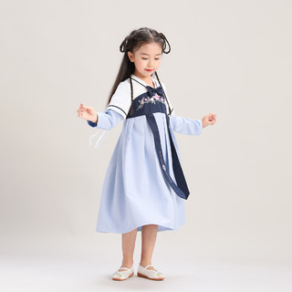 2021中大儿童装春季新款古装表演服复古汉服女童长袖连衣裙 130 浅蓝