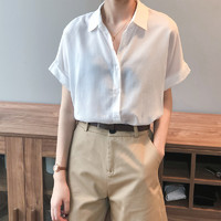 FastShape天丝亚麻短袖衬衫女2020夏季新款韩版纯色上衣翻领衬衣女