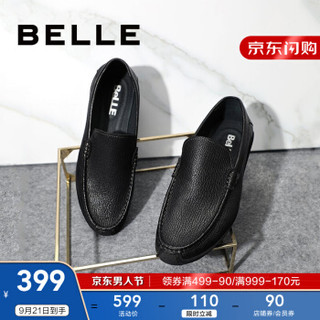 百丽男鞋秋季商场同款羊皮革套脚休闲鞋豆豆鞋6BS01CM9 黑色 41