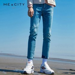 ME&CITY 男装洗蓝破洞修身牛仔裤