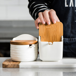 亿嘉北欧陶瓷竹盖调味料罐子创意带盖带勺厨房调味盐罐翻盖易清洗