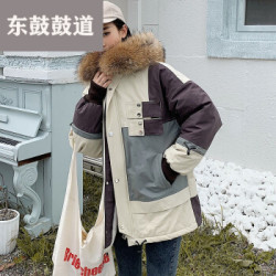 冬季新款韩版拼色chic港味连帽大毛领工装原宿外套