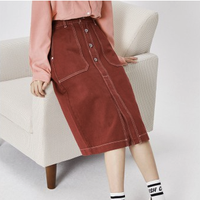 森马 Semir秋季新款韩版显瘦高腰开叉a字半身裙复古牛仔半裙女装裙子女 XXXL 酒红7480