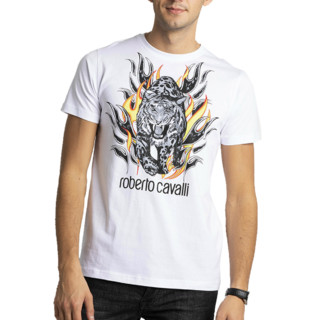 Roberto Cavalli时尚潮流男式火焰老虎短袖T恤 M 白色