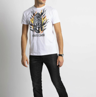 Roberto Cavalli时尚潮流男式火焰老虎短袖T恤 S 白色