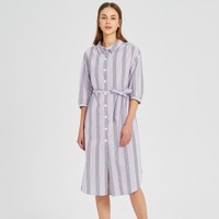 2021夏女装开叉细条纹系带收腰五分袖中长款连衣裙 S 紫色条纹组