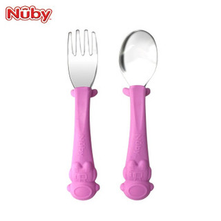 nuby（努比）外星人系列餐具具 硅胶碗叉勺套装硅胶牙胶 不锈钢叉勺-粉色 *2件