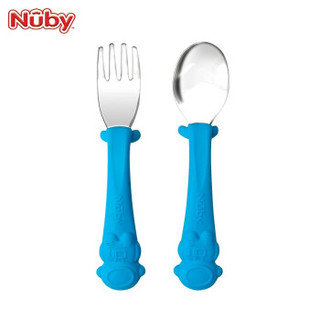 nuby（努比）外星人系列餐具具 硅胶碗叉勺套装硅胶牙胶 不锈钢叉勺-蓝色 *2件