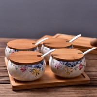 日式陶瓷釉下雪花釉调味罐套装带木质托盘带木盖子调料盐罐装物罐