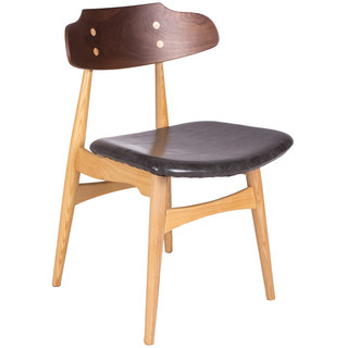 二黑木作 海盗餐椅 北欧实木餐椅日式中古书桌椅头层皮软包办公椅