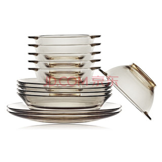 康宁餐具套装 Corningware茶色耐热玻璃透明碗碟盘套装家用4-6人适用12件组