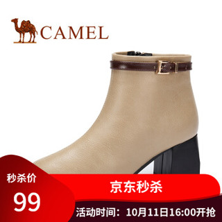 骆驼（CAMEL）粗跟淑女优雅气质复古舒适拉链短筒女靴 杏色 39