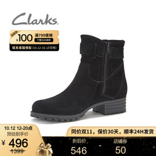 Clarks其乐女鞋冬季低跟粗跟金属扣短靴踝靴Marana Amber 黑色261372364 37.5