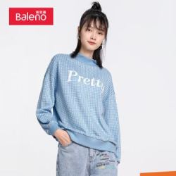 班尼路(Baleno)卫衣女装格子甜美粉色圆领印花卫衣