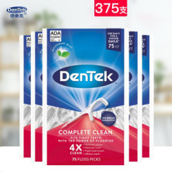 德泰克DenTek进口圆线牙线棒超细鱼骨牙签刷剔牙线细滑刮舌苔薄荷味 全面清洁75支×5包 *2件