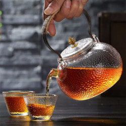 日式锤纹耐热玻璃提梁壶 700ml+玻璃水杯2个