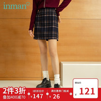 茵曼2020秋装新款通勤文艺蓝咖格条纹格子半身短裙毛呢简约质感女【 1803465】