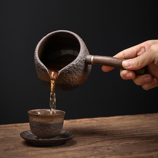 黑檀侧把公道杯 手工复古粗陶公道杯茶海鎏金铁釉分茶器公杯匀杯