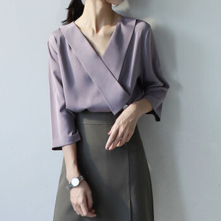 2020夏新款韩版V领衬衫女心机七分袖ol洋气雪纺衫衬衣 香芋紫 M