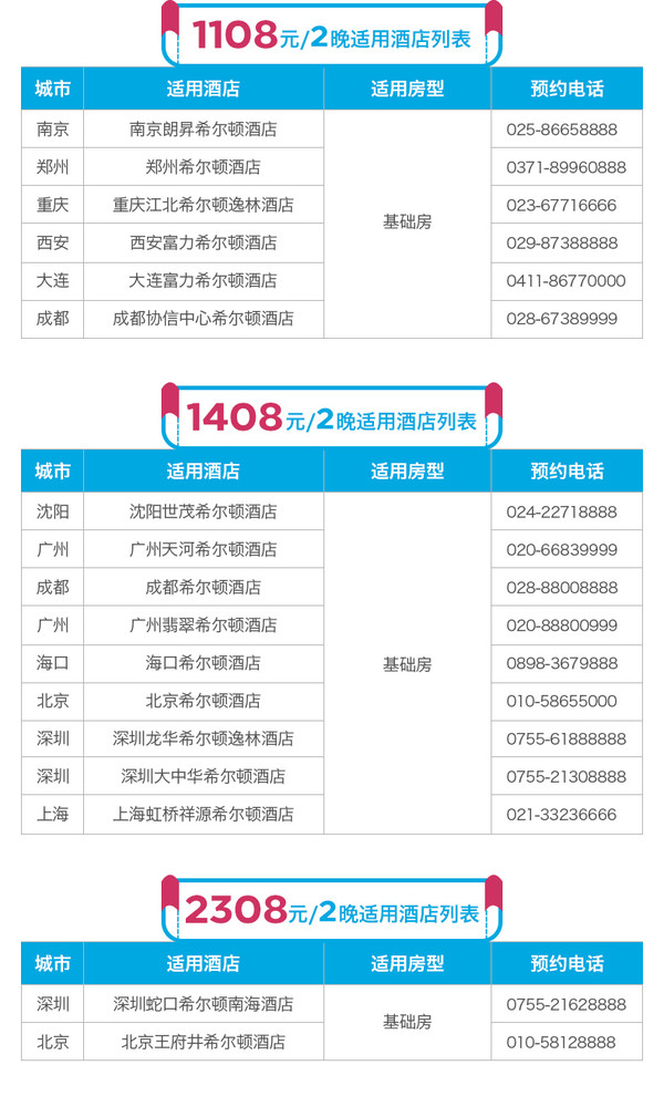 希尔顿酒店集团 全国31家2晚通兑