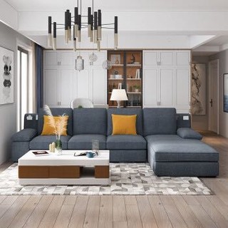 A家 沙发 现代简约北欧实木框架可拆洗植绒布艺沙发家具组合整装DB1574 蓝灰色 三人位+右贵妃 *2件