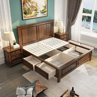 森趣美式白蜡实木高箱储物床抽屉1.8米双人大床简约主卧室家具
