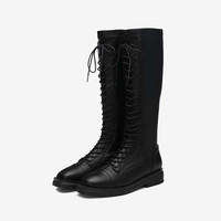BASTO 百思图 女士纯色系带圆头休闲高筒靴MDK11DG0 黑色34