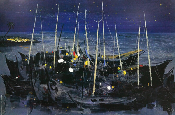 艺术品：《海之夜》吴冠中亲笔签名版画 限量500版 收藏证书艺术品收藏