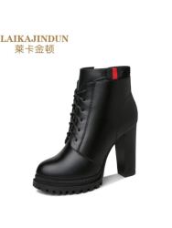莱卡金顿LAIKAJINDUNins马丁靴女冬季短筒英伦风韩版复古百搭高跟鞋加绒加厚超火短靴6601