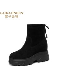 莱卡金顿LAIKAJINDUN内增高短靴瘦瘦靴秋冬百搭防水台女靴黑色厚底网红靴6598