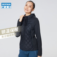 迪卡侬运动外套女秋新款拼接填充棉服抓绒保暖户外休闲夹克QUW（XL、黑色拼接）