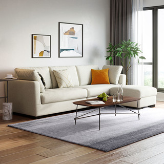 林氏木业客厅现代简约三人位布艺沙发直排小户型轻奢北欧风S049 米白色 三人