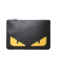 FENDI 芬迪 男士光面皮怪兽眼睛图案拉链手拿包7N0078 黑色/黄色中号