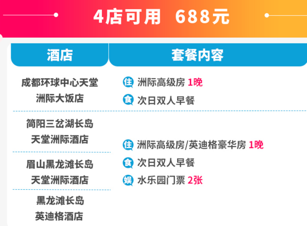 天堂洲际成都/黑龙滩/三岔湖/简阳4店通用1-2晚亲子套餐(含双早+