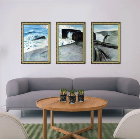 艺术品：风景油画三联《屹立的礁石》背景墙装饰画挂画 典雅栗（偏金色） 53×81cm/幅