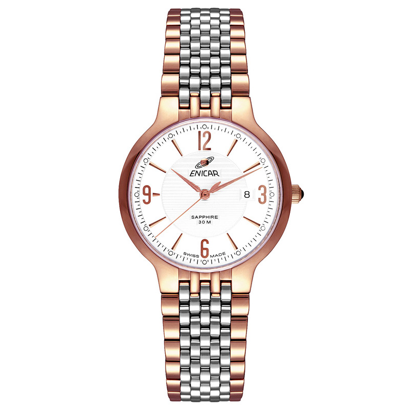 ENICAR 英纳格 石英纳米系列 955-33-2772GK 36.5mm 男士石英手表 白盘 精钢间金色表带 圆形